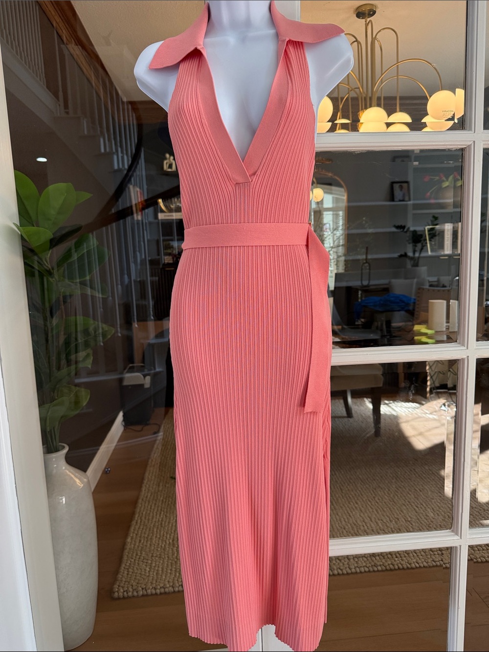 NICHOLAS Coral Pink Ribbed Sleeveless Midi Dress with Collar